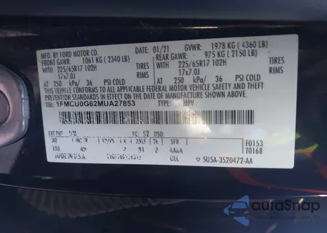 2021 Ford Escape Se z USA, uszkodzony, nr VIN 1FMCU0G62MUA27853